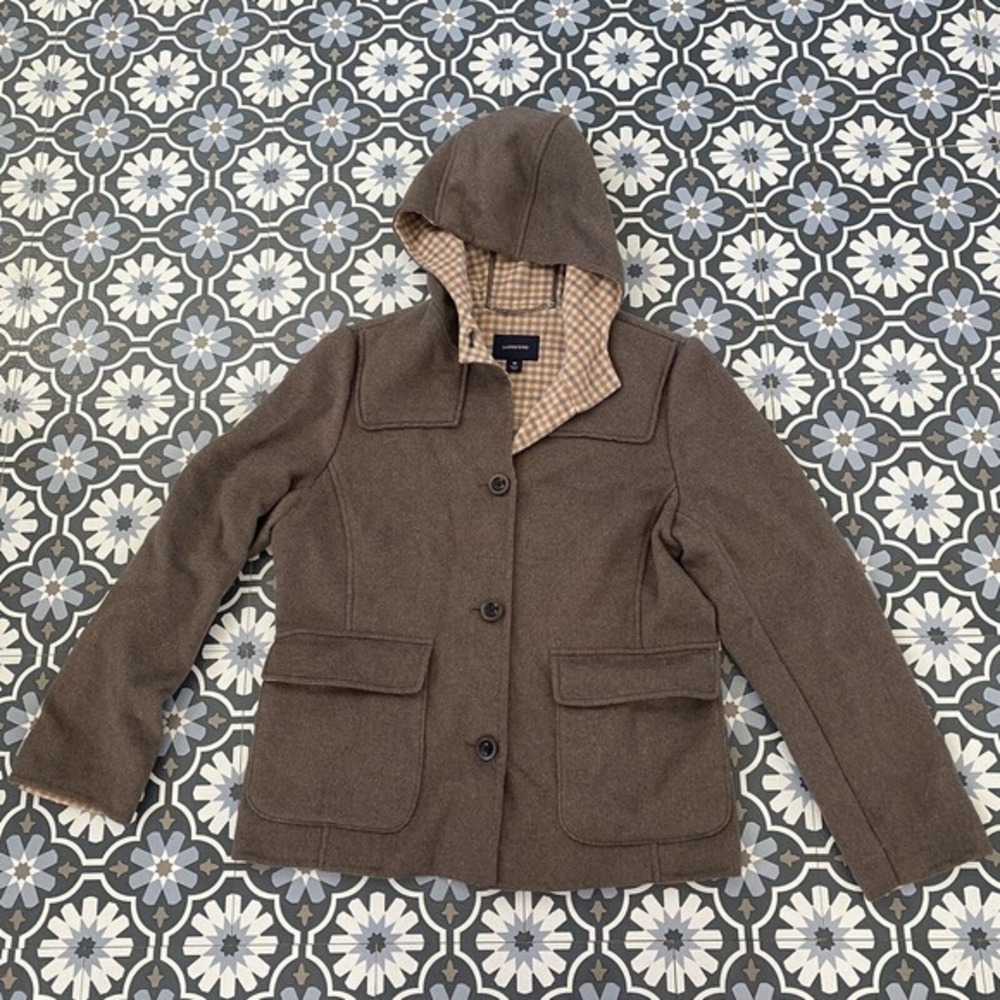 Lands End Woman’s Brown Plaid Lining Wool Button Coat SZ 10 M Medium Hoodie